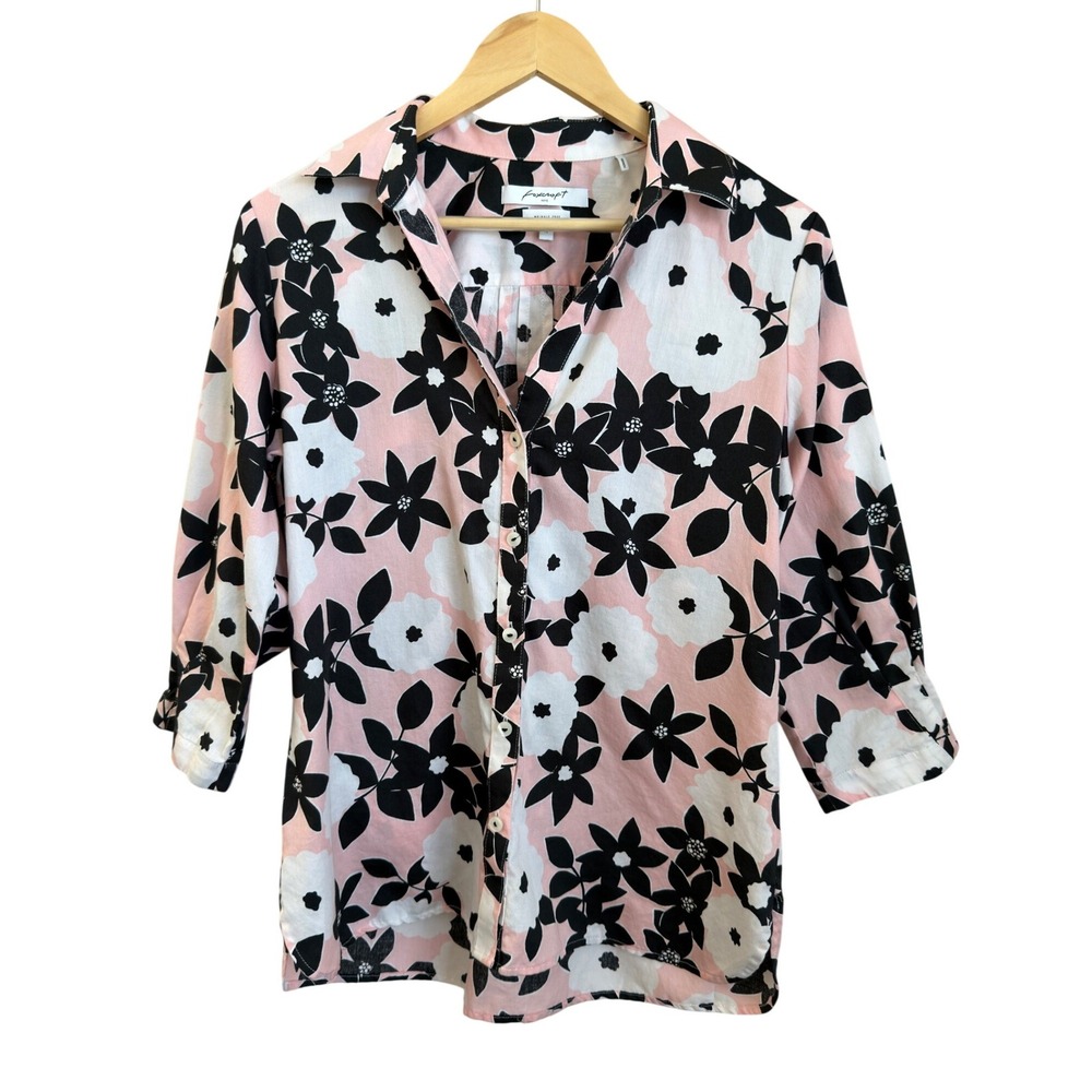 Foxcroft Floral Wrinkle Free Cotton Button Down 3/4 Sleeve Size 10 Pink Black